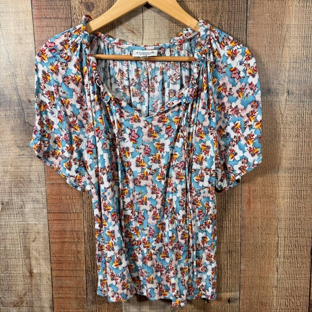Studio B by Bobeau L Turquoise Floral Crinkle Rayon Peasant Blouse Boho